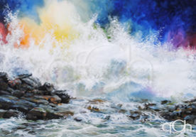 Light-N-Glory by Thomas S. Chapman_ORIGINAL Watercolor painting of waves crashing on a rocky shore.